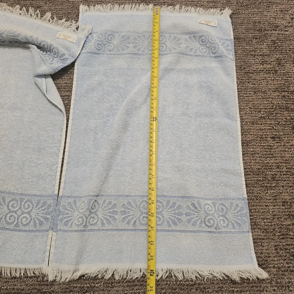 Vintage 70s Cannon Monticello Hand Towel Set Textured‎ Flowers Fringe Light Blue